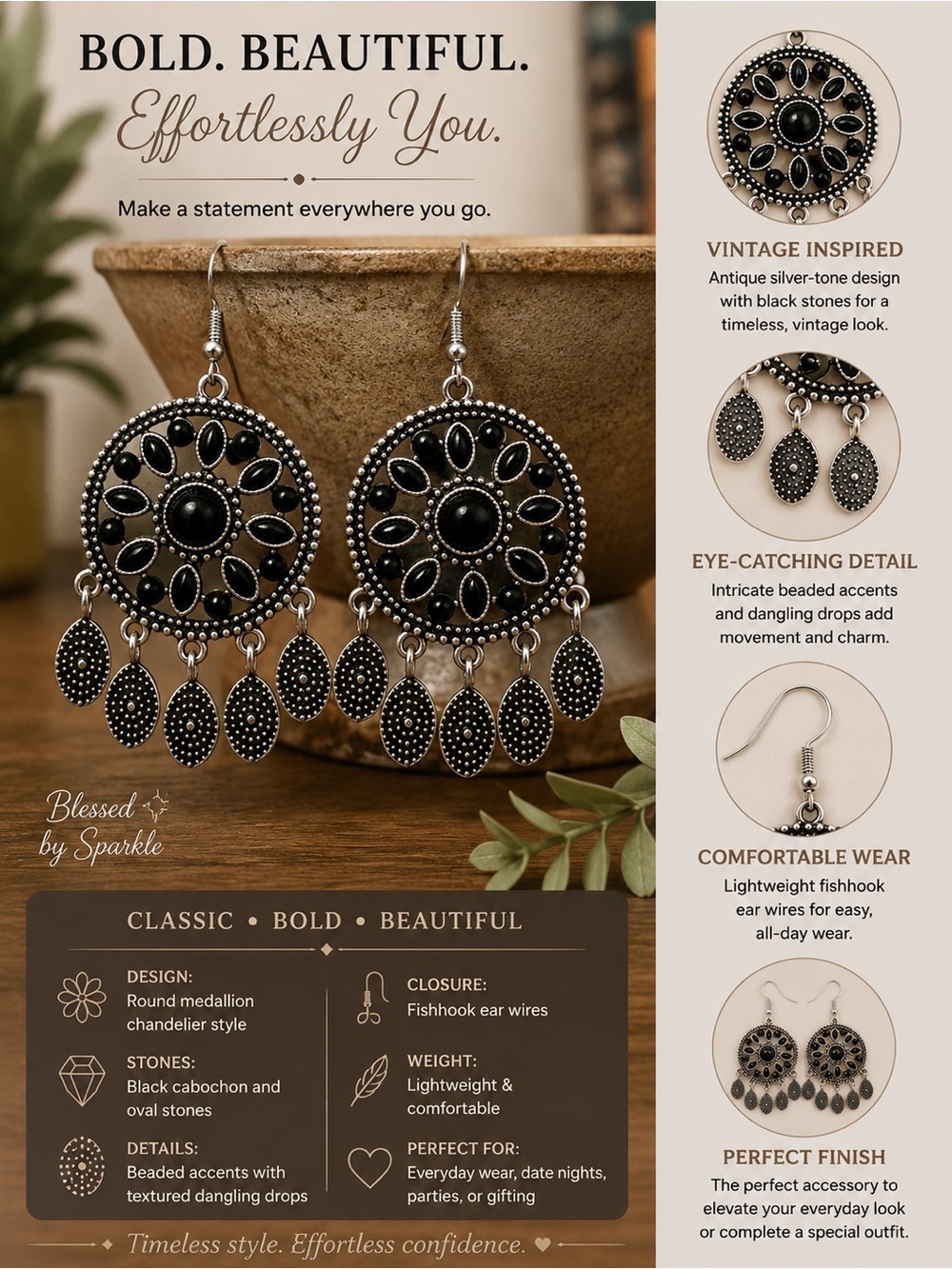 paparazzi Black and Silver Vintage Medallion Chandelier Earrings